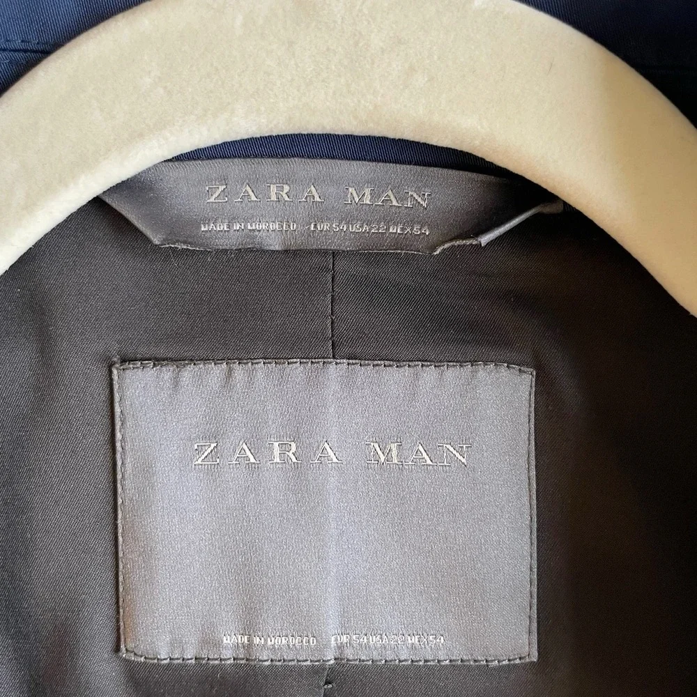 Zara High Sheen Satin Sport Coat EURO Sz 54 Blue Viscose Blazer Jacket US 22